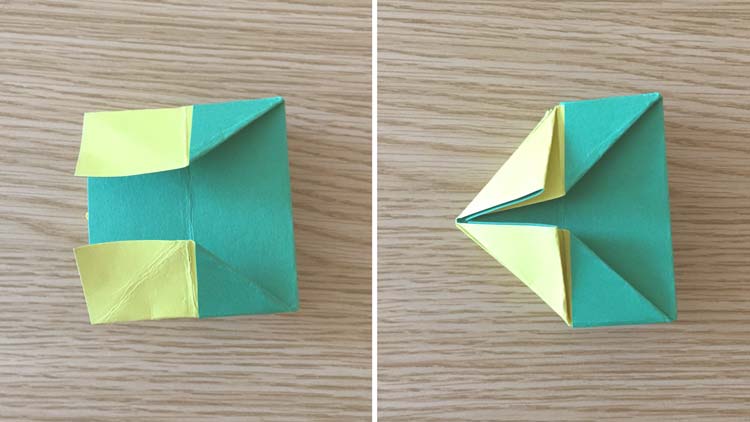 折据の折り方8：反対側の耳も上下に折、対角線をたたむ